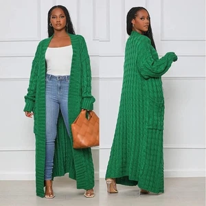 Green Cable Knit Maxi Cardigan 1X Long Open Front Sweater Coat Trendy NWOT - Picture 1 of 8