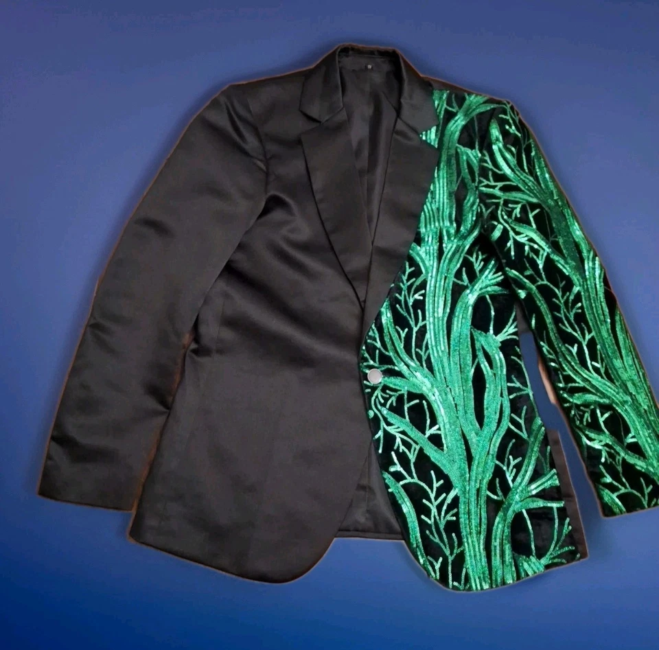 Elegante Chaqueta Negra Verde Lentejuelas Vines Talla XS Brillante Audaz Retro Drag King Foto 1 de 4