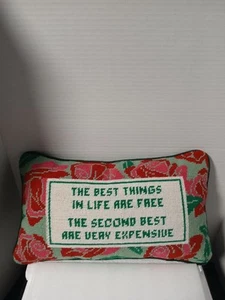 Best Thing In Life Are Free Needlepoint Embroidered Pillow By Furbish Studio - Picture 1 of 8
