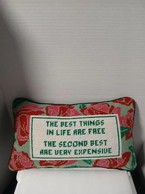 Best Thing In Life Are Free Needlepoint Embroidered Pillow By Furbish Studio - Image 1 of 4