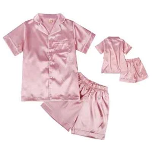 4-14Y Kids Boy Girl Short Sleeve Pajama 2pcs Set Button-up Silk PJS Sleepwear - Picture 1 of 22