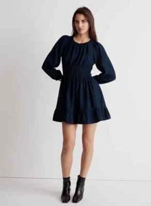 NEW Madewell Sophia Open Back Mini Dress Pockets Blue Balloon Sleeve Boho size L - Picture 1 of 15