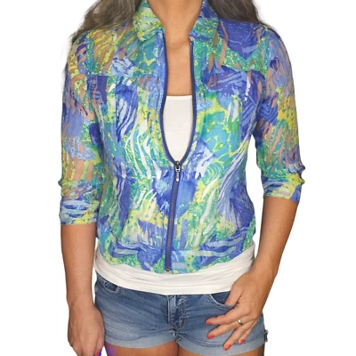 Coldwater Creek Jacket P4 Small Blue Green Tropical Sheer Collared Zip Summer - Image 1 of 4