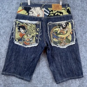 Kanji Premium Jean Shorts Mens 34 Dragon Embroidered Japanese Y2K Skater Grunge - Picture 1 of 14