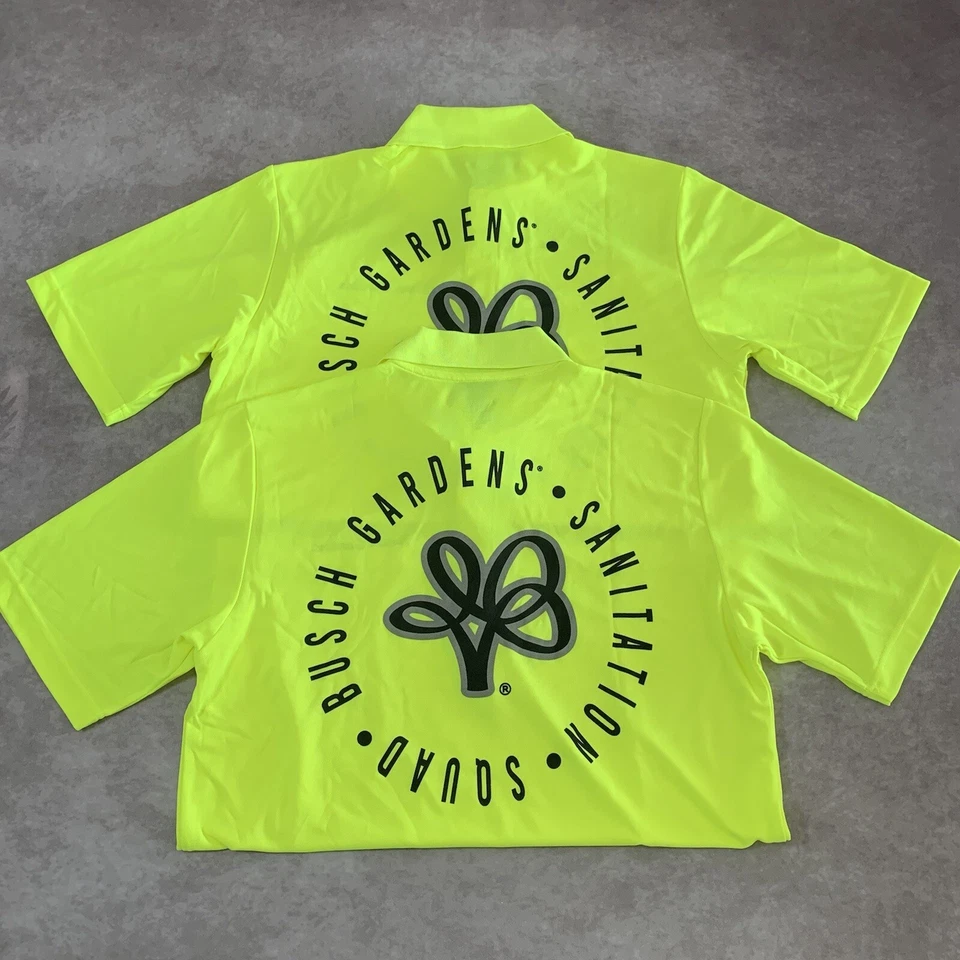 2 NWT Busch Gardens Sanitation Squad Polo Shirt Size M Neon Employee Janitor  - Image 1 of 4