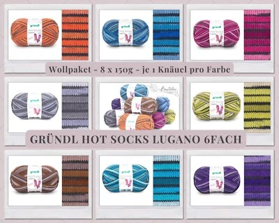 Wollpaket Sockenwolle "Gründl Hot Socks Lugano 6fach" 8x150g, je 1 Farbe im Set - Bild 1 von 4