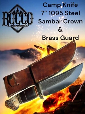 Hoja Fija Rocco Hecho a Mano 7" 1095 Camp Sambar Ciervo Corona, Protector de Latón Foto 1 de 4