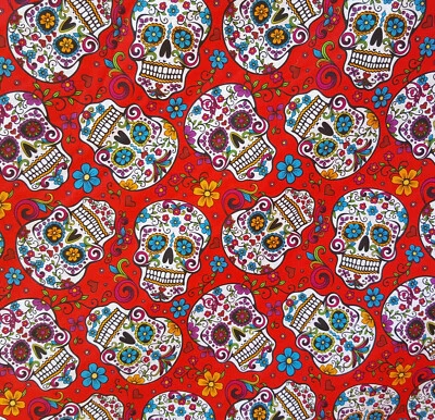 Red Cotton Fabric White Sugar Skull Calavera Dia De Muerto Day of Dead By Yard - Image 1 of 4