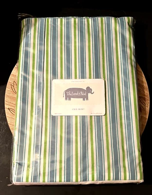 The Land of Nod Green Blue White Striped Crib Skirt 100% Cotton New - Photo 1/4