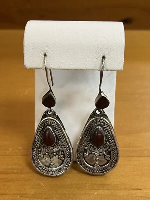 Conjunto de brinco vintage feito à mão ágata afegã tom banhado a prata - Imagem 1 de 4