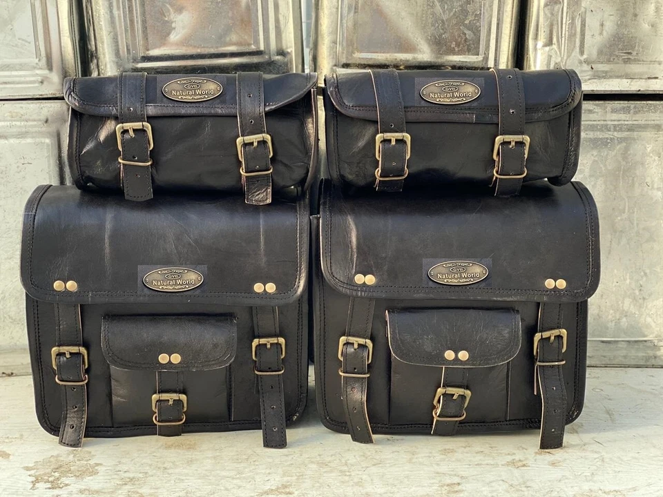 Leather Motorcycle Saddle Bags 4 Black Leather Side Pouch Panniers 4 Bags Combo - Image 1 of 4