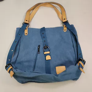 Satchel Purse Handbag Woman 5 Pockets 3 Zipper Blue Denim Buttons Strap Magnet - Picture 1 of 12