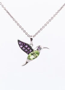 Sterling Simulated Peridot and Amethyst Hummingbird Pendant and Chain - Picture 1 of 2