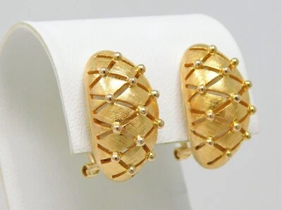 14 kt Yellow Gold Pair of Lattice Style Domed Half Hoop Drop Earrings B2633 - Image 1 of 4