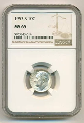 Moneda de diez centavos S Roosevelt 1953 MS65 NGC Foto 1 de 4