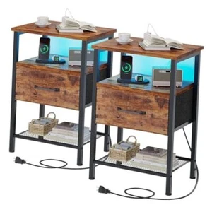 Night Stand Set End Table with Charging Station, LED Bedside 2 Rustic Brown - Picture 1 of 8