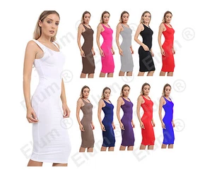 Womens Summer Sleeveless Stretch Plain Bodycon Ladies Midi Maxi Dress UK 8-14 - Picture 1 of 24