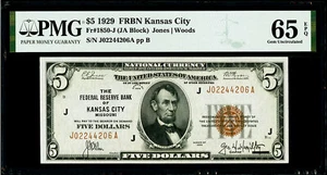 $5 1929 Federal Reserve Bank Note Kansas City Fr#1850-J PMG 65 EPQ Gem UNC - Picture 1 of 3
