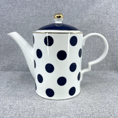 Grace Tetera Azul Lunares Sobre Tetera Blanca con Acentos Dorados Foto 1 de 4