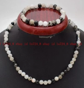 Noblest 6/8/10mm Black Quartz Rutilated Round Gems Beads Necklace Bracelet Set - Picture 1 of 12