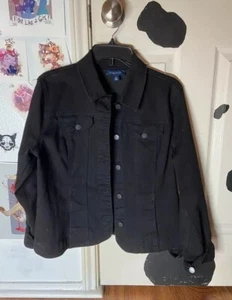Denim Jean Jacket Women Sz M Stretch Biker Goth Punk Rocker Trucker Black Gray - Picture 1 of 3