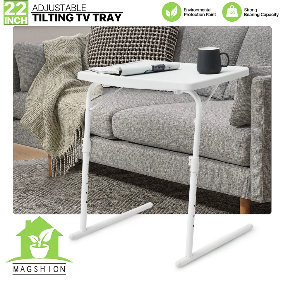 White Folding TV Tray Portable Sofa Bed Side Table Adjustable Height Laptop Desk - Image 1 of 4