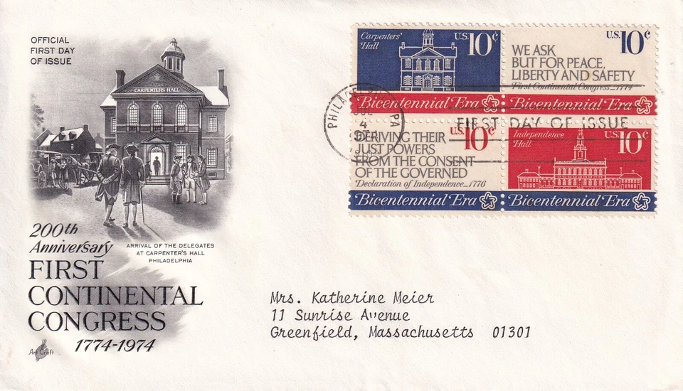 STAMP US SCOTT 1546a "Deriving Their Just Powers" 10 CENT 1974 FDC BLK OF 4 - D - Image 1 of 1