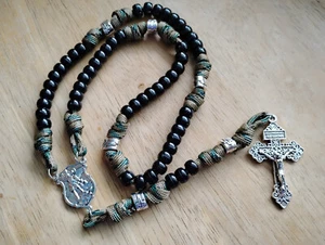St Michael Paracord Rosary Camo Cord Black Beads Pardon Crucifix Medal USA Made - Picture 1 of 5