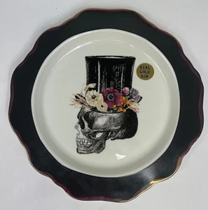 Harvest Green Studio Halloween Teller Goldrand Totenkopf Zylinder Hut Blumen - Bild 1 von 6