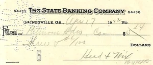 Gainesville, Ga- 1922 Check FROM THE STATE BANKING COMPANY TO PALMOUR HARDWARE - Picture 1 of 1