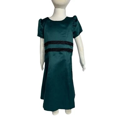 Girls Emerald Green Satin Holiday Dress Sparkle Bow Sz 6/7 - Image 1 of 3