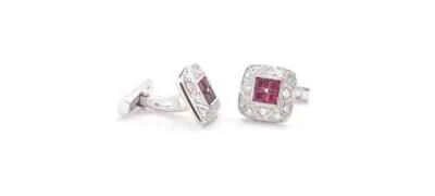 Unique Art Deco Style Peincess Cut Pink Ruby & White Shiny CZ Beautiful Cufflink - Image 1 of 4