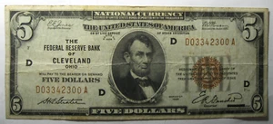 Serie von 1929 5 Dollars National Currency Note - Cleveland - #11225-2 - Bild 1 von 2
