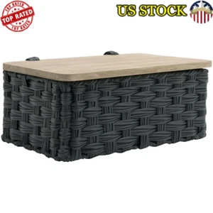 Woven Rectangle Resin Storage Basket with Wood Lid Bathroom Organizer Home Decor - Picture 1 of 12