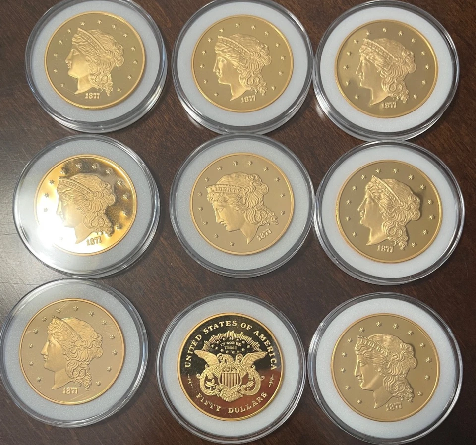 (9)。 Liberty Head 半联盟 50 美元风格 1877 致敬 2.75 英寸奖章 24k 镀金 — 第 1/1 张图片