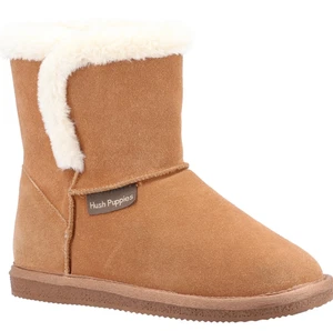 Hush Puppies Ashleigh Womens Tan Real Suede Faux Fur Pull On Slipper Bootie - Picture 1 of 4