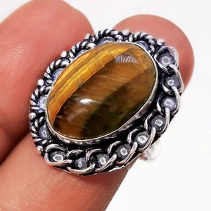 Tiger's Eye Gemstone Ring Handmade Antique Thanksgiving Gift Jewelry 8.50" FR 43 - Picture 1 of 7