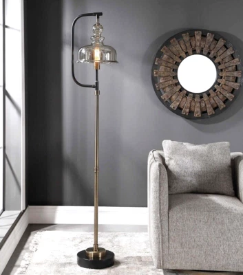 Antique Style Industrial Warehouse Floor Lamp Amber Glass Shade~ Uttermost 28193 - Image 1 of 4