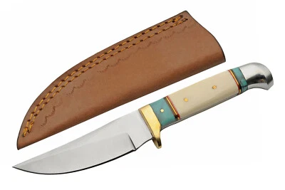 Hunting Knife | Stainless Steel Upswept Blade Bone Brass Stone Handle + Sheath - Image 1 of 4