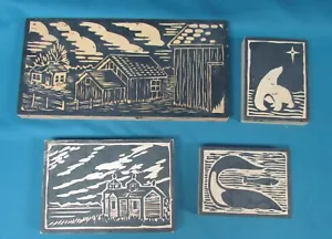 4 Carved Wood Art Print Blocks Alaska Loons Russian Church Village Polar Bear - Picture 1 of 5