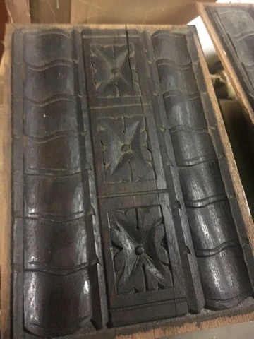 c1900 salvaged oak door panel - fancy design original varnish 12.25” x 8” x 1/4” Cover