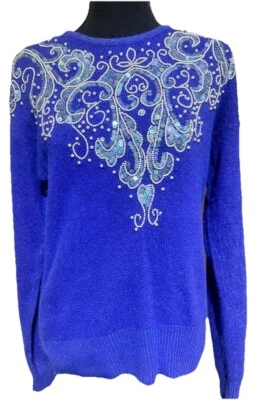 Suéter Bling Vintage Azul Angorá Maximalista Anos 80 Por Karen Scott Evening Tamanho P - Imagem 1 de 4