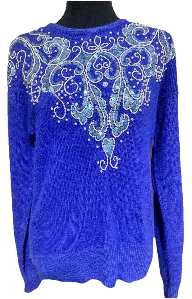 Suéter Vintage Azul Angora Maximalista Bling Años 80 Por Karen Scott Noche Talla S Foto 1 de 4