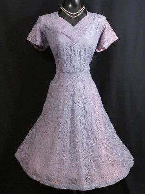 Vintage 1950's 50s Lilac Purple Lace Cocktail Party Wedding DRESS XL Plus Size - Image 1 of 4