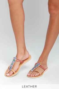 Cocobelle 8.5 M Cali Arrow Hot Pink Multi Leather Flat Sandals Thong Boho - Picture 1 of 4