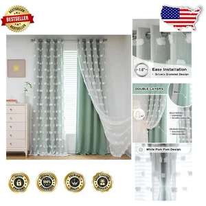 Aqua Pom Pom Kids Curtains - 84 Inch Room Darkening Double Layer Grommet Panels - Picture 1 of 12