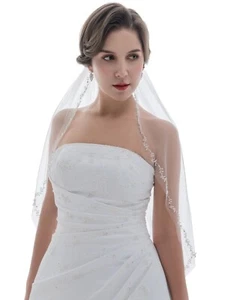 1 Tier Offset Floral Vine Edge Crystal Pearl Veil Bridal Shower Wedding Party - Picture 1 of 8