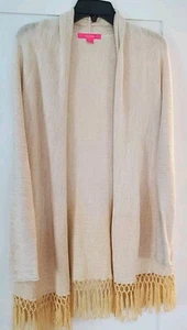 Lily Pulitzer Cardigan Womens Small Gold Metallic Tatum Long Fringe Hem Sweater - Picture 1 of 4