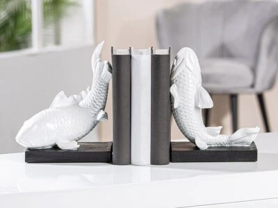 Buchstützen Buchhalter  2er Set Gilde Weiß Koi Fisch Karpfen - Bild 1 von 3