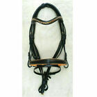 Black Leather Horse Dressage Bridle Yellow Crystal Brow-Band Padded Nose-Band.